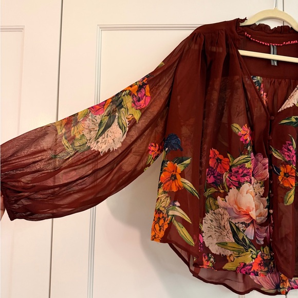 Anthropologie Brown Floral Sheer Blouse - Picture 3 of 4